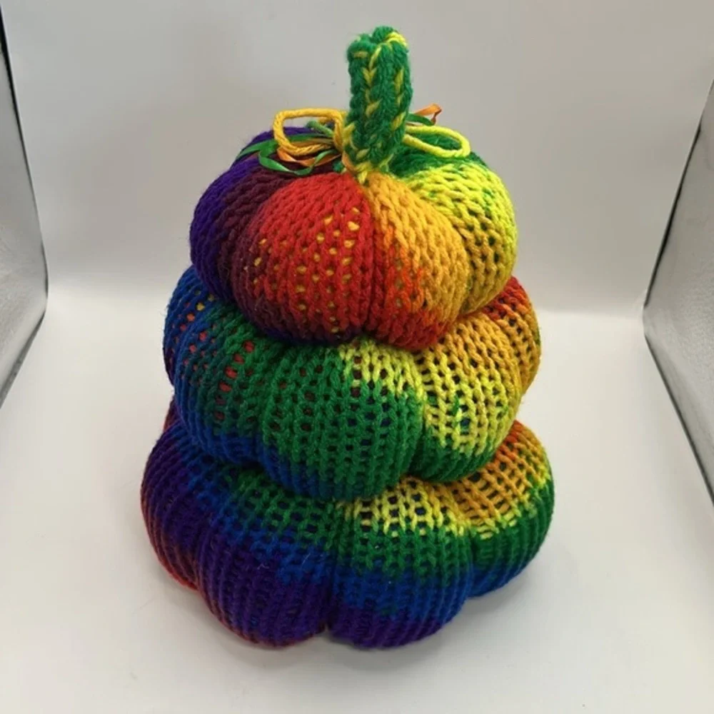 Colorful Rainbow Knit Pumpkin Stack